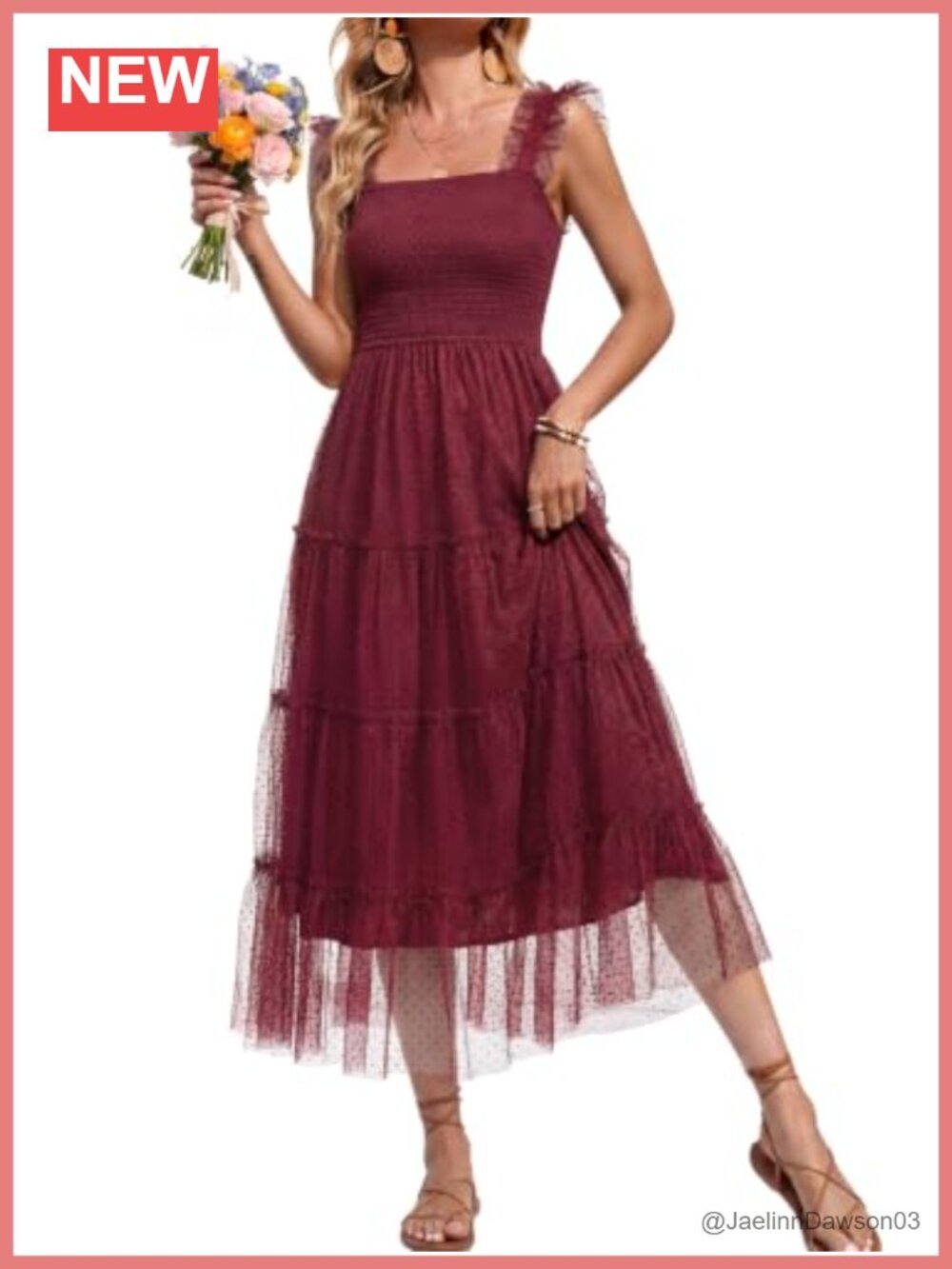 Tulle Polka Dot Smocked Midi Dress Ruffle Sleeveless Wedding Guest
